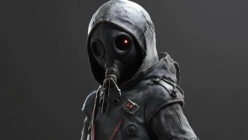 Hooded gas mask figure with glowing red eye in dark gear.