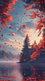 Vertical autumn lake vista with dynamic foliage motion blur