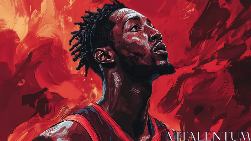 Crimson court dreamer rises through swirling painted fire.