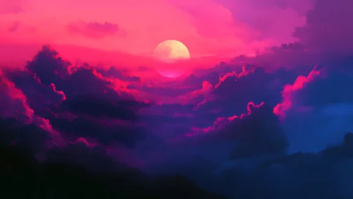 Chromatic stratocumulus matrix around a synthetic neon sun.