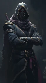 Hooded dark assassin stands with crossed arms in shadow