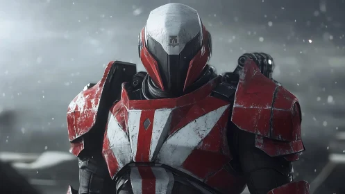 Heavily weathered red-white sci-fi combat exosuit under soft snowfall
