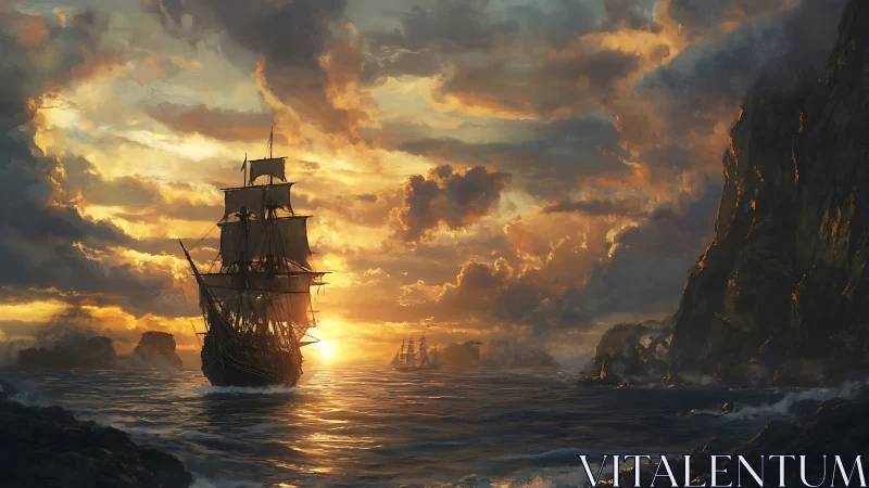 Golden-sailed tall ship gliding into a glowing ocean sunset.