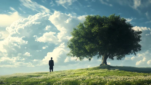 Solitary Figure Under a Large Tree on a Sunny Meadow, Realistic Art.