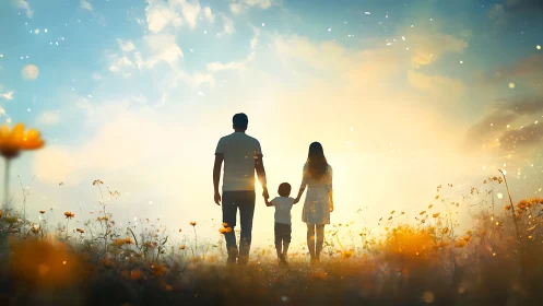 Silhouetted family walks through glowing sunset meadow