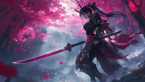 Armored katana warrior under luminous sakura canopy in battle