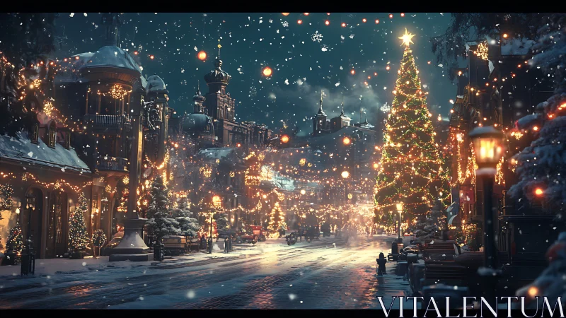 Digital painting of illuminated festive city street at night.