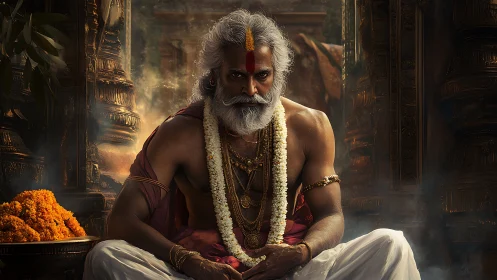 Cinematic digital portrait of elder priest in temple interior.