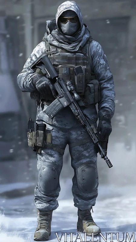 Winter urban operator in camouflaged tactical gear, rifle ready