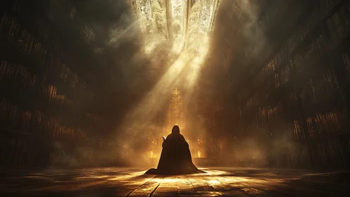 Cloaked figure kneels beneath sacred light in vast library