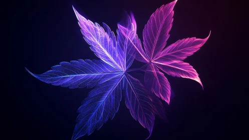 Neon twin leaves trade whispers in glowing cosmic dusk