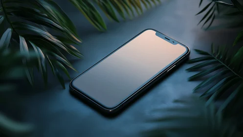 Modern Smartphone on Blue Surface with Palm Leaves
