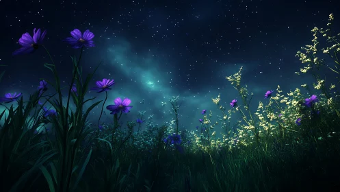 Night sky illuminates wildflower meadow with star field