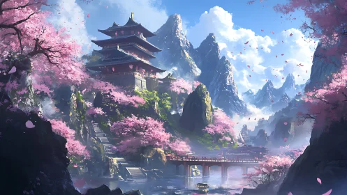 Mountain temple complex amid cherry blossom valley scene.