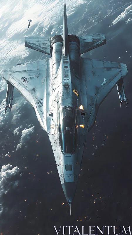 Futuristic fighter spacecraft rendered above Earth&rsquo;s atmosphere