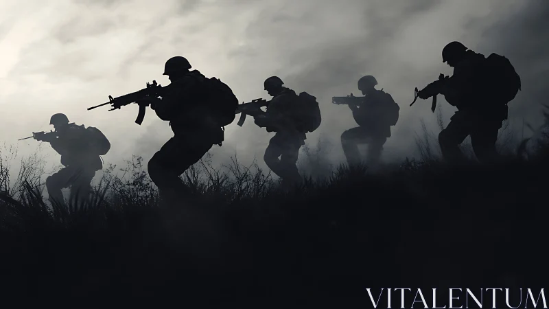 Silhouetted soldiers carve a tense march through fogged dusk