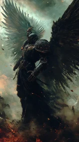 Armored fallen angel rises amid embers and storm clouds.