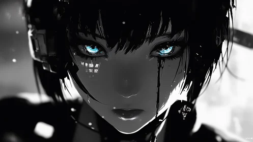 Cybernetic portrait isolates luminous blue eyes in monochrome frame