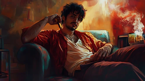 Cinematic digital portrait of reclining man in warm smoke-lit room