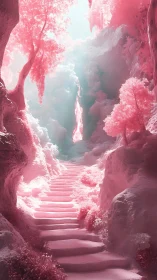 Pink stone stairway rising through glowing fantasy gorge.