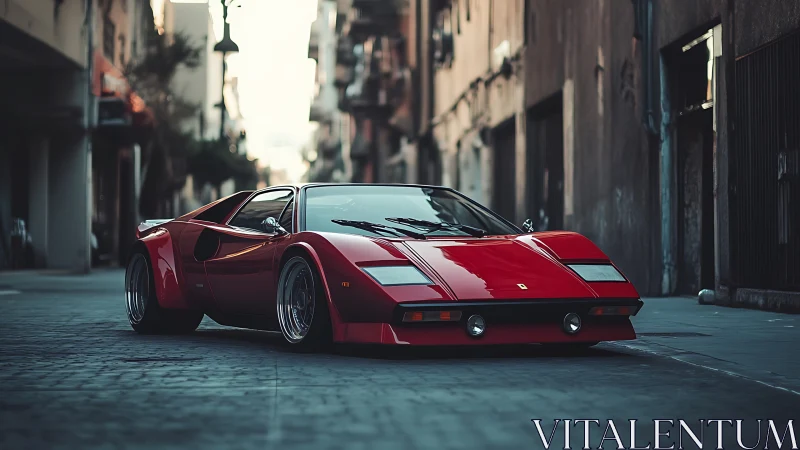 Low-slung red supercar anchors a moody urban streetscape at dusk