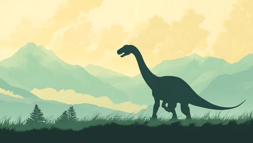 Silhouetted sauropod dinosaur against layered teal mountain ranges