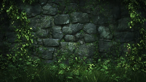 Old stone wall surface overgrown with dense green ivy