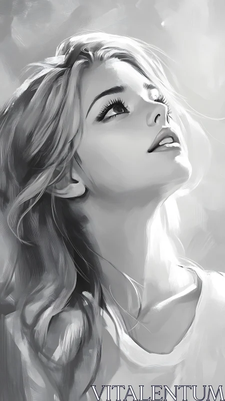 Monochrome digital portrait depicts upward facing female subject