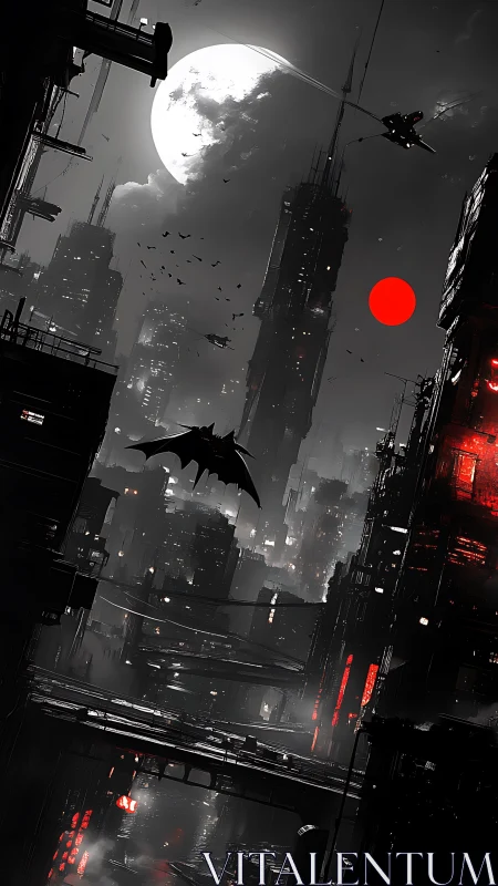Twin moons stalk a crimson‑lit cyberpunk nightscape