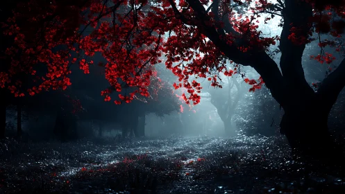 Crimson canopy glows over misted midnight forest path.