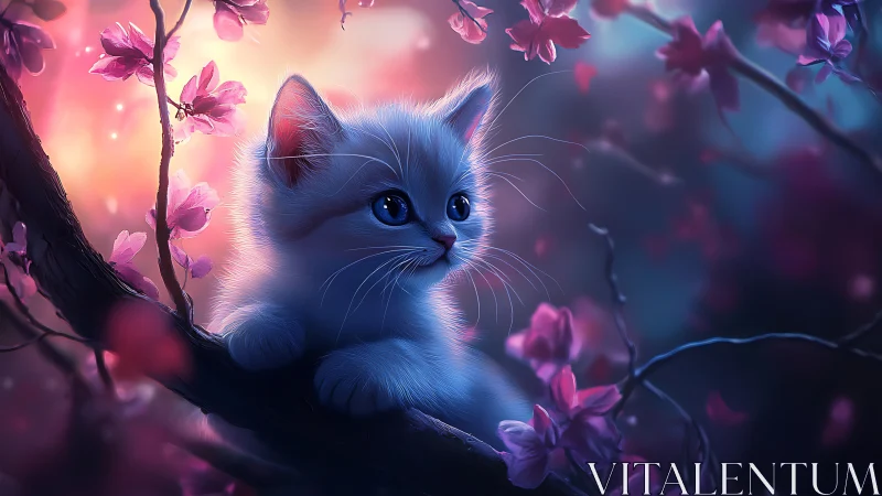 Luminous Kitten Contemplates Pink Blossoms in Dreamscape Twilight
