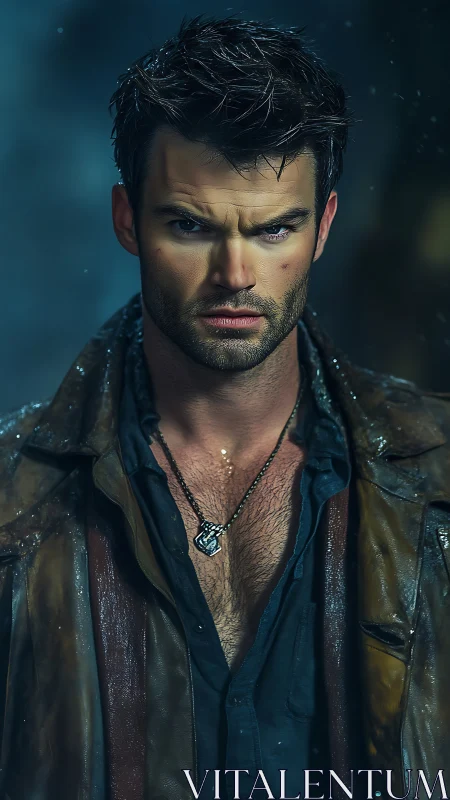 Brooding rain-soaked man stares intensely into darkness.