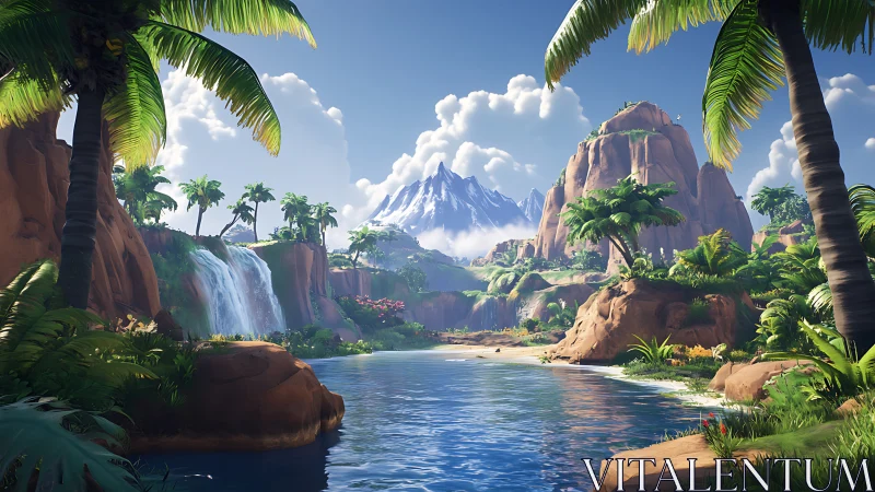 Tropical Paradise Landscape with Waterfall and Snow-Capped Peak