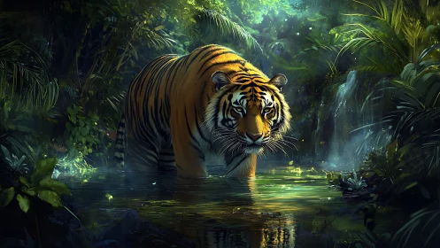 Tiger standing in shallow jungle water, lit by soft light.