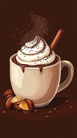 Illustrated mug of hot chocolate with cream and cinnamon.