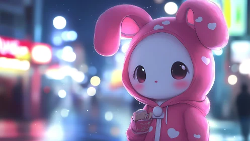 Pink bunny-hooded chibi in dreamy neon night street scene.