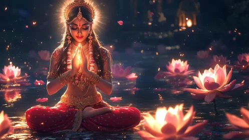 Luminous meditative goddess amid volumetric lotus reflections.