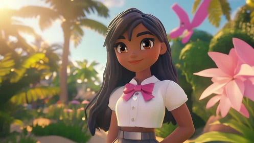 Sunlit island girl with a bright smile and playful style.