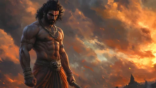 Storm-lit warrior prince broods above a burning kingdom.