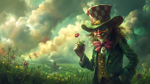 Whimsical trickster in emerald field beneath stormy skies.