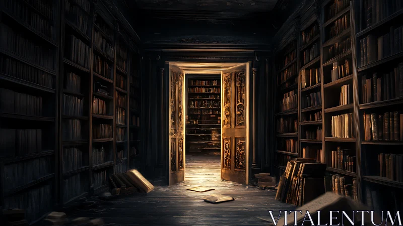 Dimly lit corridor library with open ornate doorway.