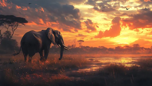 Elephant crosses misty savannah wetland under volumetric sunset light