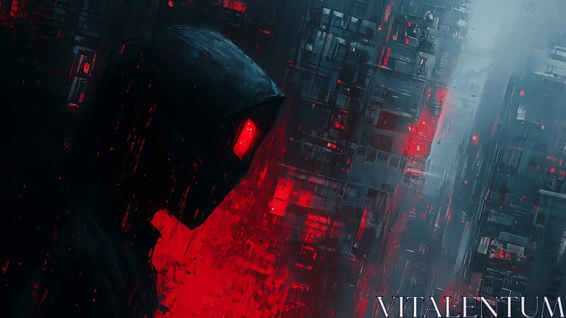 Hooded figure silhouette beside abstract red city grid.