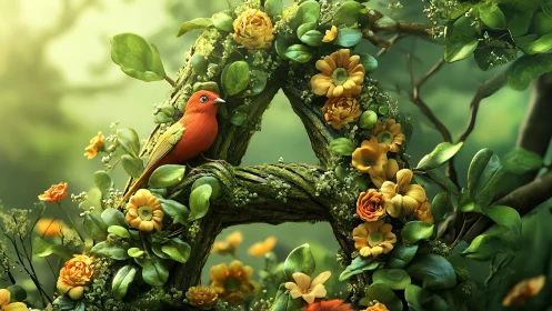 Scarlet songbird on florally encrusted mossy branch in bokeh forest