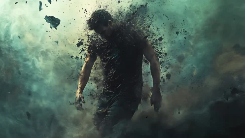 Shattered figure emerging through storm of dust and debris.