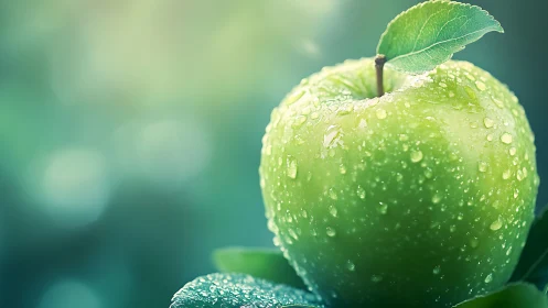 Morning-kissed green apple glows softly in dewy spotlight