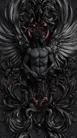 Winged male figure in dark ornamental relief sculpture.
