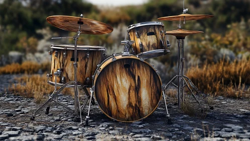 Photorealistic wood-grain drum kit on rugged outdoor terrain.