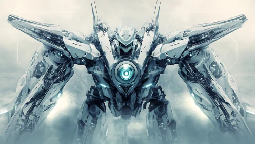 Futuristic combat mech with luminous core and winged armor.