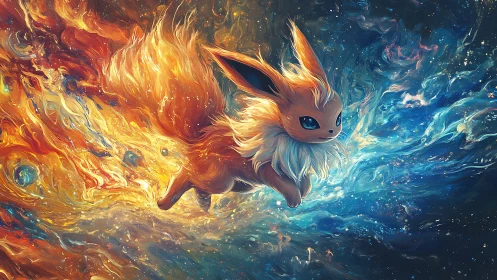 Elemental fox creature leaping through cosmic firestorm.